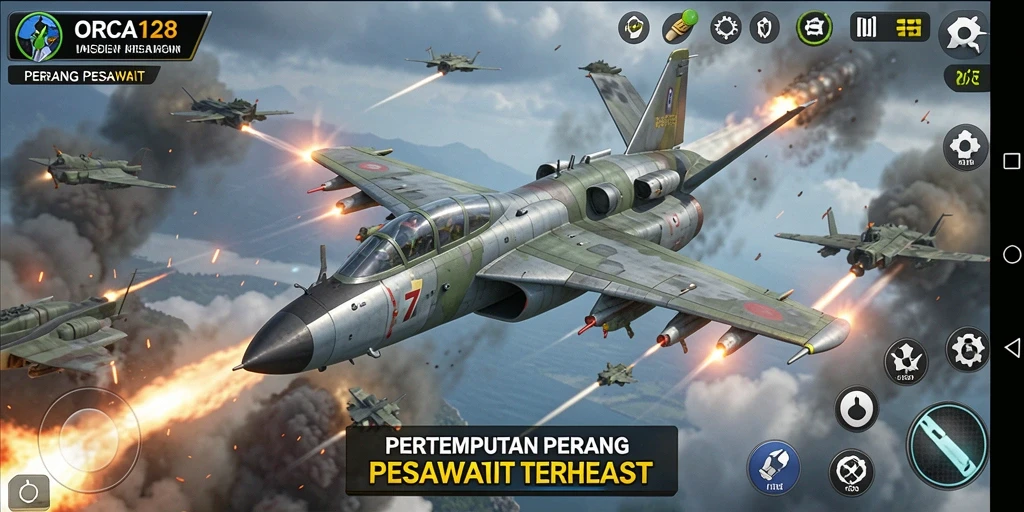Antarmuka utama game ORCA128 menampilkan pesawat tempur dalam pertempuran dramatis.
