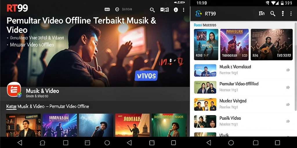 Antarmuka aplikasi RT99 menampilkan pemutar video offline yang sederhana dan fungsional.